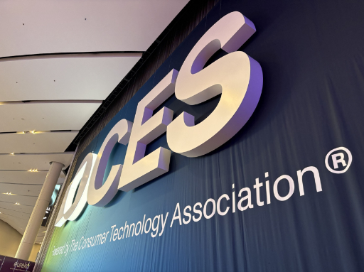 A photo of the CES logo at an angle from the lower right corner.