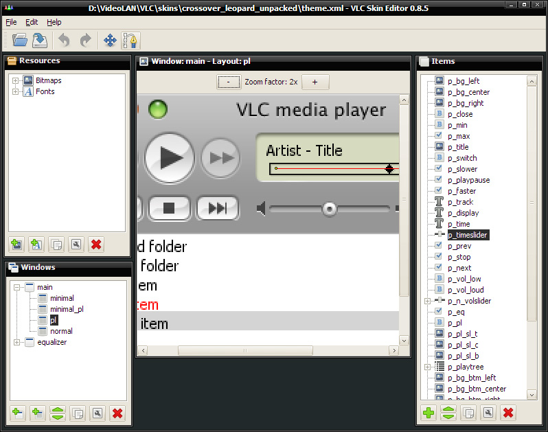 Screenshot of VLC Skin Editor